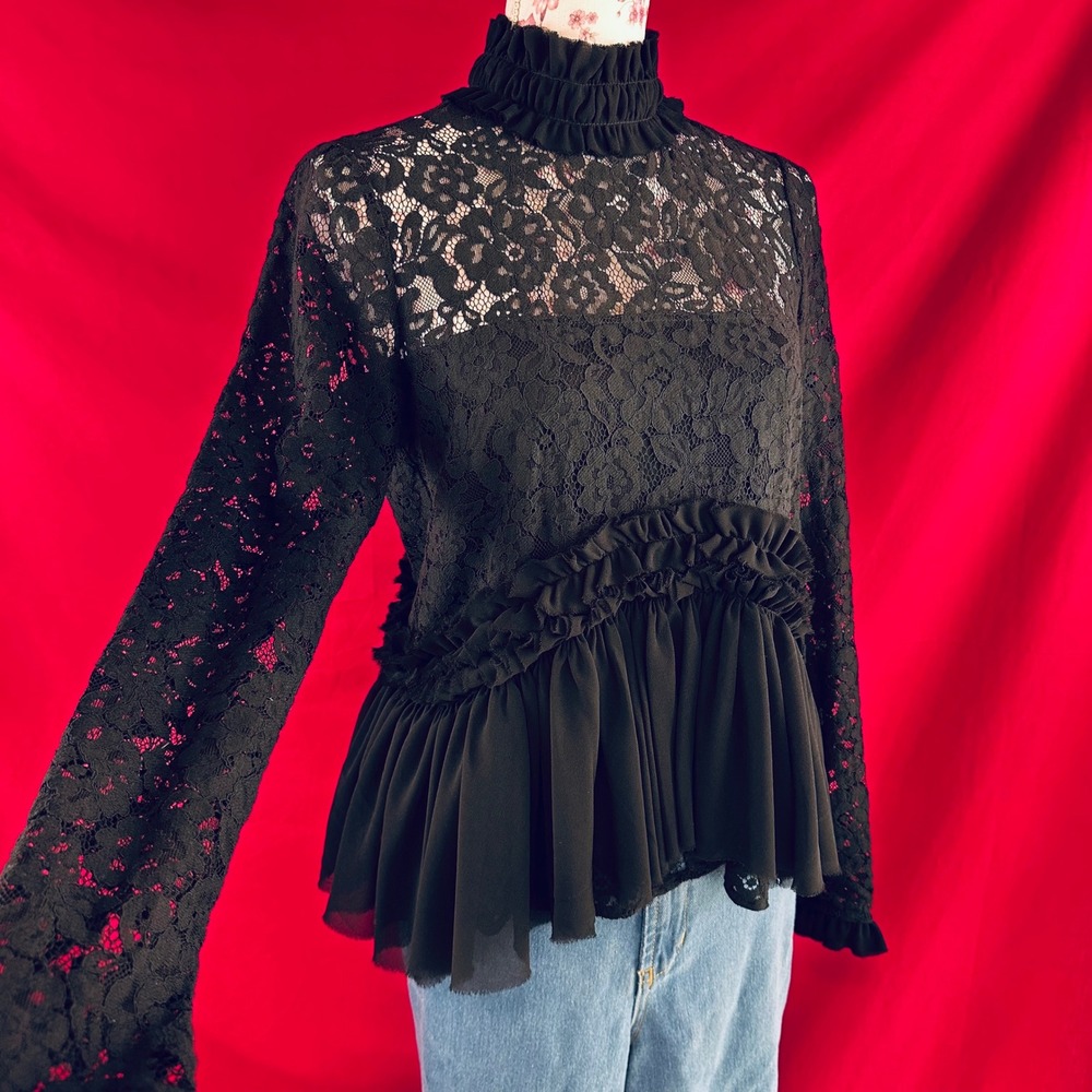 TUCKERNUCK Black Lace Ruffle Peplum Myla Top Mock Neck Long Sleeve Blouse XS - Picture 11 of 17